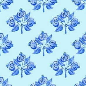 Blue Watercolor Blooms on Light Aqua, Hand Drawn, 3"