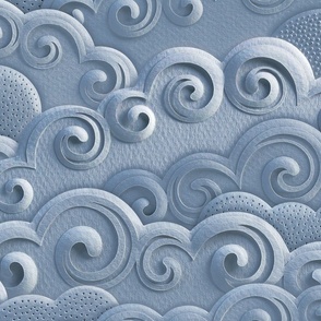 Paper Clouds- Dreamy Cloudy Sky- Paper Cut Faux Texture- Sun- Moon-  Calming Neutral- Monochromatic Indigo Blue Sky- Extra Large