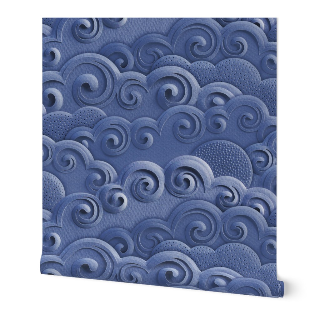 Paper Clouds- Dreamy Cloudy Sky- Paper Cut Faux Texture- Sun- Moon-  Calming Neutral- Monochromatic Navy Blue Sky- Extra Large