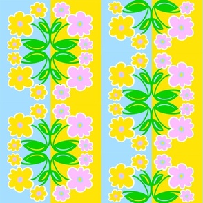 Daisy Production Mini Cosmos Flowers Pastel In Pink, Yellow, Sky Baby Blue And Green Scandi Modern Retro Floral Design Pretty Cute Half-Drop Pattern