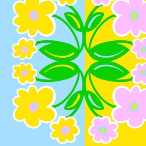 Daisy Production Big Cosmos Flowers Pastel In Pink, Lemon Yellow, Sky Baby Blue And Grass Green Scandi Modern Retro Floral Design Pretty Cute Half-Drop Pattern