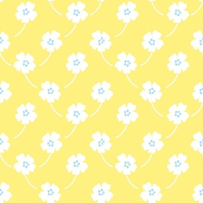 Cosmos Showers Mini White On Lemon Yellow With Baby Sky Blue Cute Mountain Flowers Retro Mid-Century Modern Cottagecore Grandmillennial Floral Scandi Garden Minimalist Wildflower Ditzy Silhouette Vintage Repeat Pattern