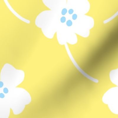 Cosmos Showers White On Lemon Yellow With Baby Sky Blue Cute Mountain Flowers Retro Mid-Century Modern Cottagecore Grandmillennial Floral Scandi Garden Minimalist Wildflower Ditzy Silhouette Vintage Repeat Pattern