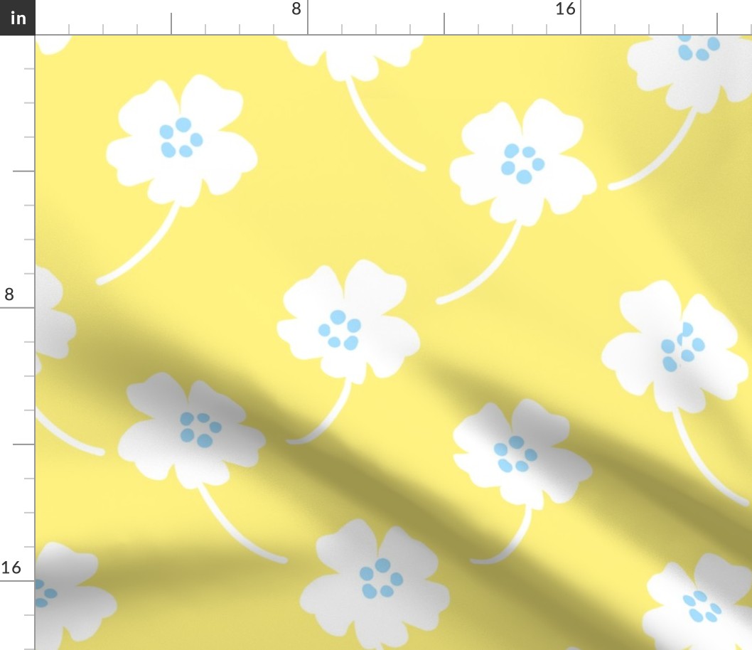 Cosmos Showers White On Lemon Yellow With Baby Sky Blue Cute Mountain Flowers Retro Mid-Century Modern Cottagecore Grandmillennial Floral Scandi Garden Minimalist Wildflower Ditzy Silhouette Vintage Repeat Pattern