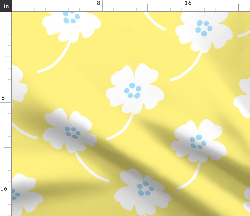 Cosmos Showers Big White Flowers On Lemon Yellow With Baby Sky Blue Cute Mountain Blooms Retro Mid-Century Modern Cottagecore Grandmillennial Floral Scandi Garden Minimalist Wildflower Ditzy Silhouette Vintage Repeat Pattern