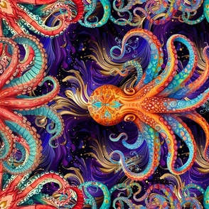 FAT QUARTER PANEL OCTOPUS TENTACLE 3 PSYCHEDELIC PURPLE GOLD FLWRHT