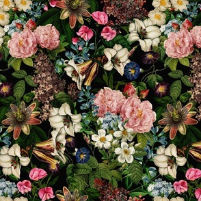 Embrace an Enchanting Spring Goth Night Romance: Maximalism Moody Florals, Vintage Exotic Flowers, Passiflora and Nostalgic Wildflowers in Antiqued Garden, Enhanced by Pink Roses, and Victorian Mystic-Inspired Powder Room Wallpaper - sunny black