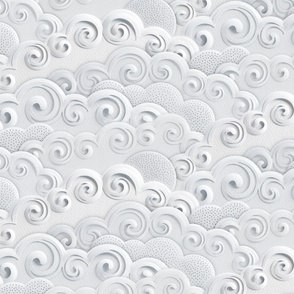 Paper Clouds- Dreamy Cloudy Sky- Paper Cut Faux Texture- Sun- Moon-  Calming Neutral- Monochromatic Off White- Cold White- Silver- Light Gray- Large