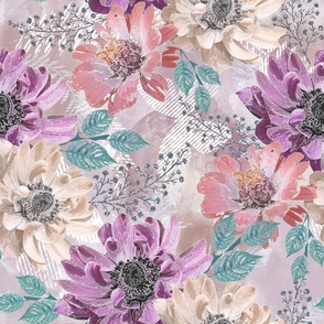 Lilac, pink, cream flowers on a light background. Delicate watercolor floral pattern.