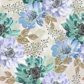 Lilac, olive, turquoise flowers on a light background. Delicate watercolor floral pattern.