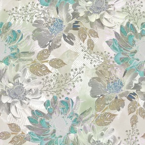 Grey, olive, turquoise flowers on a light background. Delicate watercolor floral pattern.