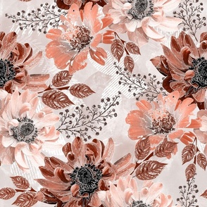 Coral, terracotta flowers on a light background. Delicate watercolor floral pattern.