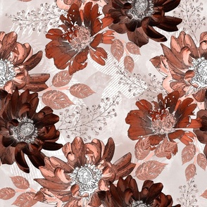 Coral, terracotta, brown flowers on a light background. Delicate watercolor floral pattern.