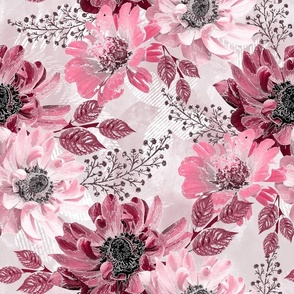 Pink, burgundy flowers on a light background. Delicate watercolor floral pattern.