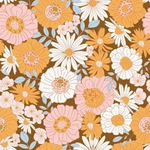 Vintage Zinnia and Daisies - Rust