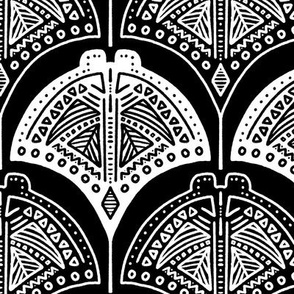 Tribal Stingrays | Small Scale | Black and white | Line art ocean block print