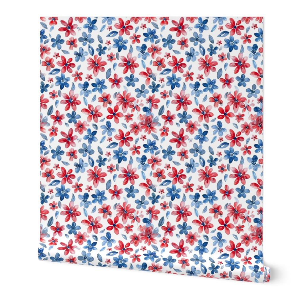 Large Patriotic USA 4th of July Watercolor Floral Red White and Blue