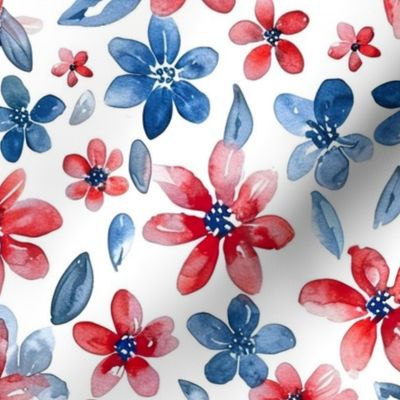 Large Patriotic USA 4th of July Watercolor Floral Red White and Blue