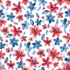 Large Patriotic USA 4th of July Watercolor Floral Red White and Blue