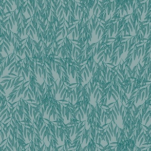 Teal Green Weeping Willow Leaves Hanging Over a Pale Teal Green Background