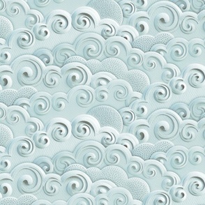 Paper Clouds- Dreamy Cloudy Sky- Paper Cut Faux Texture- Sun- Moon-  Calming Blue- Monochromatic Pastel Turquoise- Light Soft Blue- Large