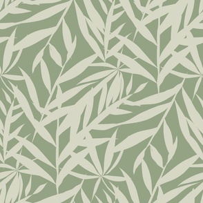 Warm Minimalism Hand-Drawn Bamboo Leaves  Textured Large Scale Zen Japandi Style - Warm Light Sage and Dark Sage Green