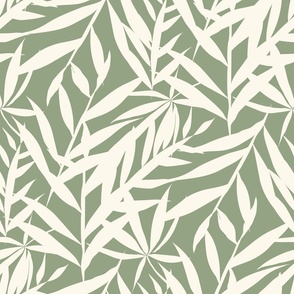 Warm Minimalism Hand-Drawn Bamboo Leaves  Textured Large Scale Zen Japandi Style - Warm Cream and Dark Sage Green