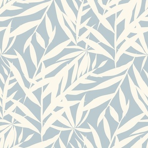 Warm Minimalism Hand-Drawn Bamboo Leaves  Textured Large Scale Zen Japandi Style - Warm Cream and Light Cornflower Blue