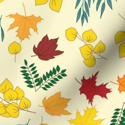 Colorful Autumn Birch, Aspen, Willow, Maple, and Mountain Ash Leaves Fall Scattered on a Yellow Background