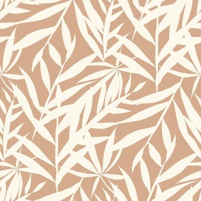 Warm Minimalism Hand-Drawn Bamboo Leaves  Textured Large Scale Zen Japandi Style - Warm Cream and Medium Cinnamon 