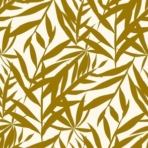 Warm Minimalism Hand-Drawn Bamboo Leaves  Textured Large Scale Zen Japandi Style - Warm Cream and Deep Mustard