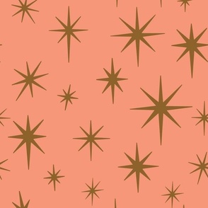 Large Scale //  Retro Starburst Hand-drawn Thin Stars in Peachy Pink and Gold 