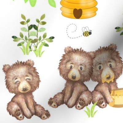 Woodland Animals Baby Bears Eating Bee Honey Nursery 