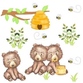 Woodland Animals Baby Bears Eating Bee Honey Nursery 