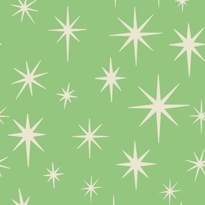 Large Scale //  Retro Starburst Hand-drawn Thin Stars in Mint Green and Cream White