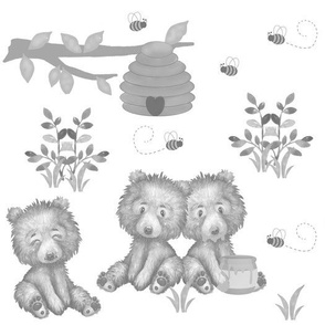 Woodland Animals Baby Bears Eating Bee Honey Nursery Gray