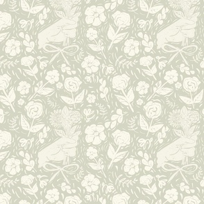 Block Print Flowers Bouquet In Hand  Modern Floral Damask Inspired Botanical Plants with Hand -  Light Sage and Warm Cream