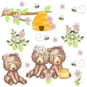 Floral Woodland Animals Baby Bears Eating Bee Honey Girl Nursery 