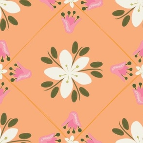 Simple Floral Trellis White, Pink, Green with Orange Background