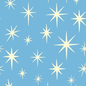 Large Scale //  Retro Starburst Hand-drawn Thin Stars in Sky Blue and Cream White