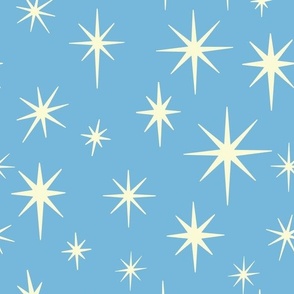 Larger Scale //  Retro Starburst Hand-drawn Thin Stars in Sky Blue and Cream White