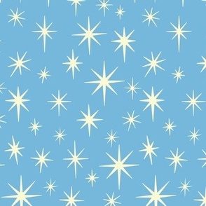 Medium Scale //  Retro Starburst Hand-drawn Thin Stars in Sky Blue and Cream White