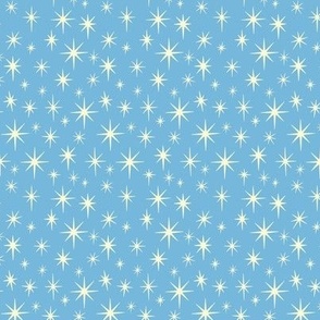 Smaller Scale //  Retro Starburst Hand-drawn Thin Stars in Sky Blue and Cream White