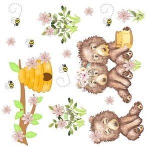 Floral Woodland Animals Baby Bears Eating Bee Honey Girl Nursery Rotated 