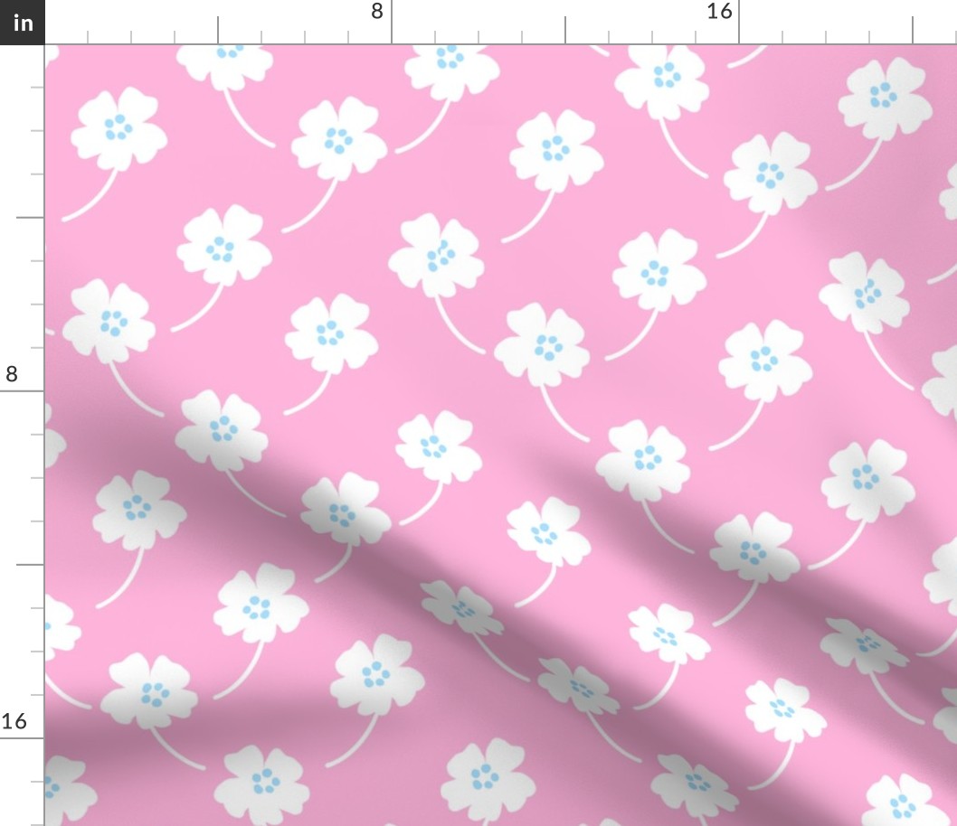Cosmos Showers Mini White Flowers On Pastel Bubblegum Pink With Baby Sky Blue Cute Mountain Blooms Retro Mid-Century Modern Cottagecore Grandmillennial Floral Scandi Garden Minimalist Wildflower Ditzy Silhouette Vintage Repeat Pattern