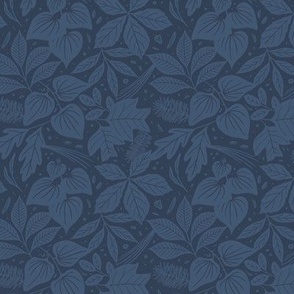 Appalachian Forest Floor Pattern - Indigo Blue - Small Scale - Tonal Autumn Botanical Featuring Native Plants and Medicinal Herbs