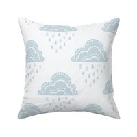 April Showers Rainy Day Clouds and Raindrops Geometric Pattern - Ice Blue - Large Scale - Cute Block Print Nature Pattern for Kids and Nursery Decor