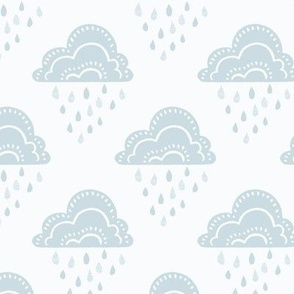 April Showers Rainy Day Clouds and Raindrops Geometric Pattern - Ice Blue - Medium Scale - Cute Block Print Nature Pattern for Kids and Nursery Decor