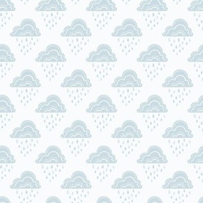 April Showers Rainy Day Clouds and Raindrops Geometric Pattern - Ice Blue - Small Scale - Cute Block Print Nature Pattern for Kids and Nursery Decor