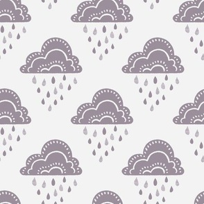 April Showers Rainy Day Clouds and Raindrops Geometric Pattern - Medium Purple - Large Scale - Cute Block Print Nature Pattern for Kids and Nursery Decor